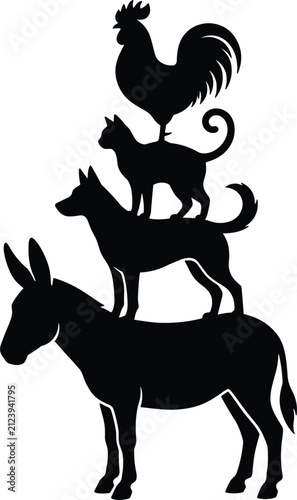 Bremen Town Musicians Silhouette Vector, Donkey Dog Cat and Rooster Stacked Animals Illustration, Fairy Tale Story Black Icon Design