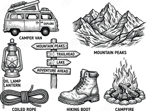Retro outdoor adventure vector icon set, vintage woodcut camper van, mountain range, lantern, wooden signpost, coiled rope, hiking boot, campfire