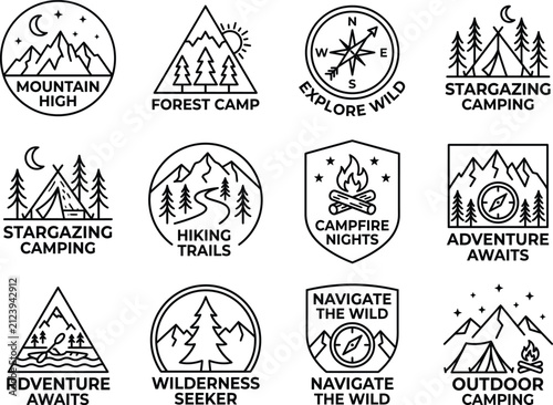Outdoor adventure badge vector set, vintage camping logos, mountain high badge, forest camp emblem, explore wild compass seal, stargazing teepee tent
