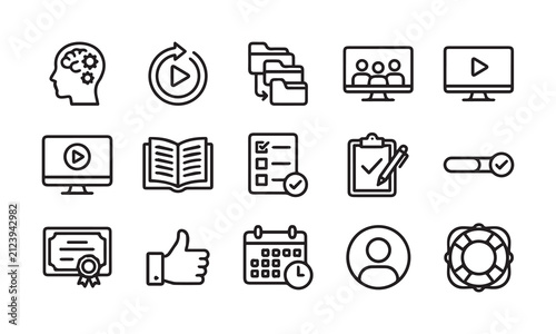 Set of education and learning line icons for digital course and online training.