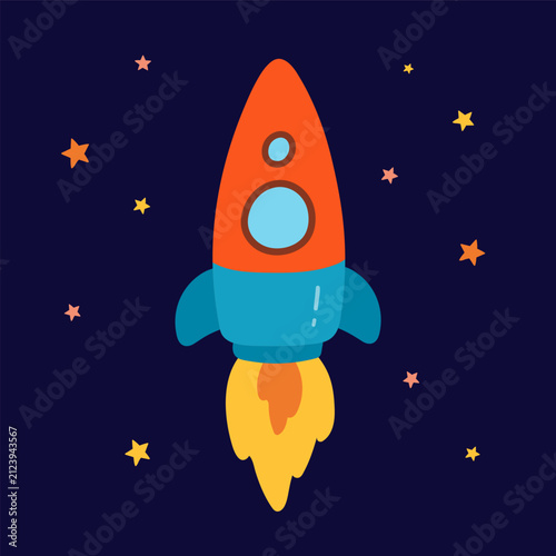 Colorful rocket launching through starry space with bright flames. Vector illustration on a dark night background.