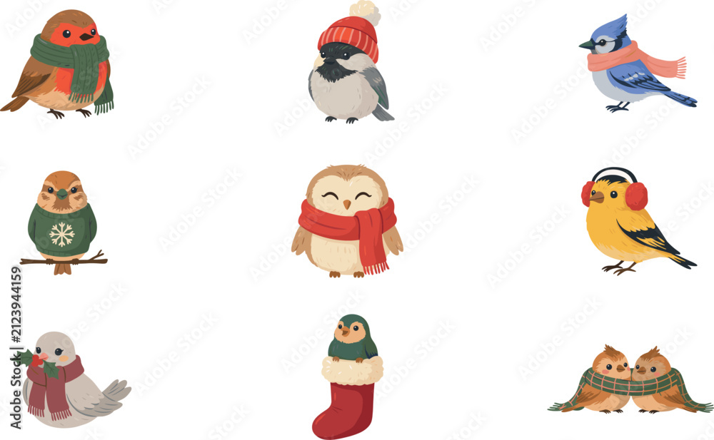 Fototapeta premium Cute Christmas Winter Birds Vector Icon Set Featuring Robin Blue Jay Finch and Owl in Cozy Scarves Sweaters and Beanie Hats for Holiday Graphic Designs