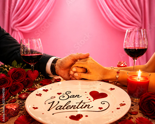 San Valentín cena romántica y día de los enamorados con corazón, rosas, caricia de manos, velas y fondo rosa editable romantic dinner lovers, sweet date and heart