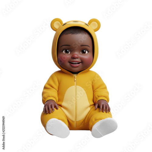 Cute baby doll with teddy bear hoodie isolated on white background