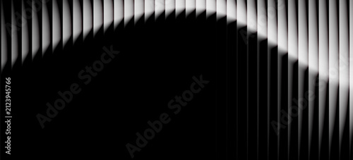 Black and white ribbed fractal texture with glass effect and bright smooth fluted vertical gradient lines. Minimalist monochrome abstract design blending geometric symmetry and soft light transitions