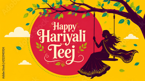 Happy hariyali teej and kajari teej colorful vector illustration featuring elegant woman silhouette swinging beneath leafy tree against vibrant festive background design