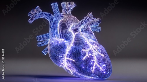 Illuminated Digital Heart Model with Neural Network Visualization.