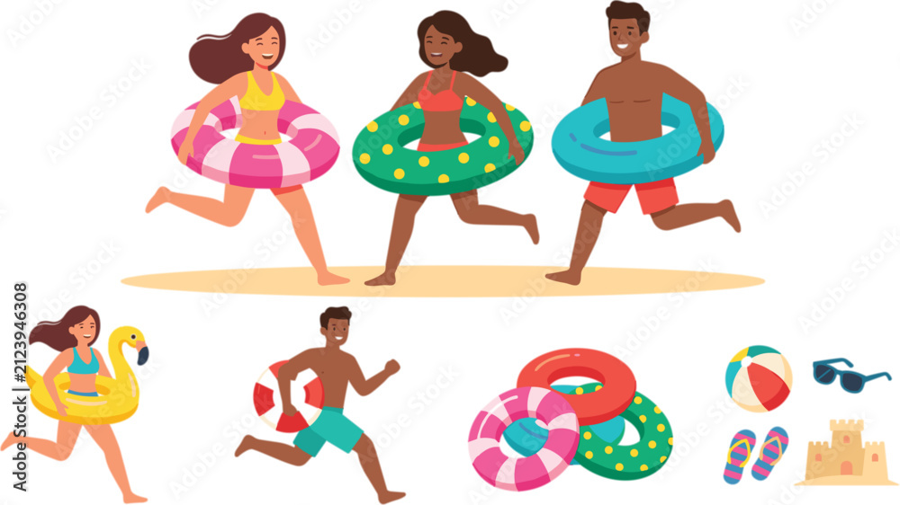 Fototapeta premium Summer beach party people character set with swimming ring inflatable float running friends pool ball sunglasses and sandcastle vector