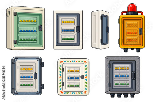 Set of electrical control panel box illustrations in various designs