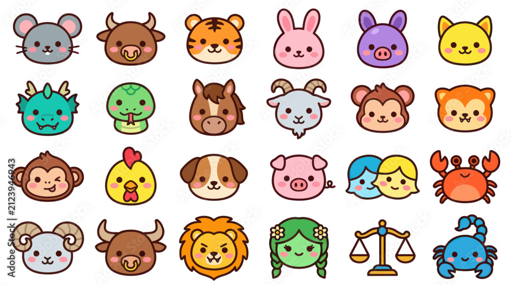 Fototapeta premium Cute animal icons zodiac symbols collection