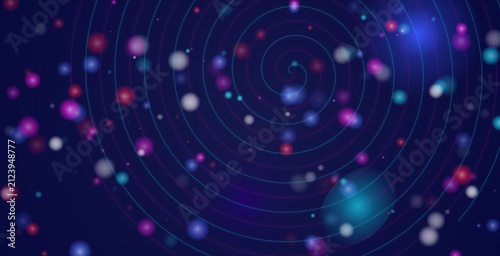 Foto Swirling cosmic vortex with vibrant bokeh lights, deep blue background, abstract