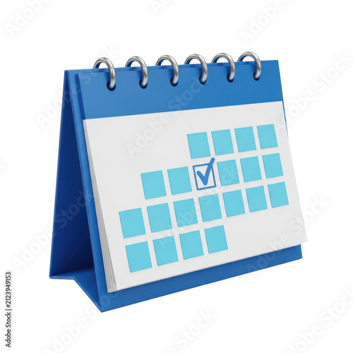 Blue standing monthly calendar with checkmark isolated on white background