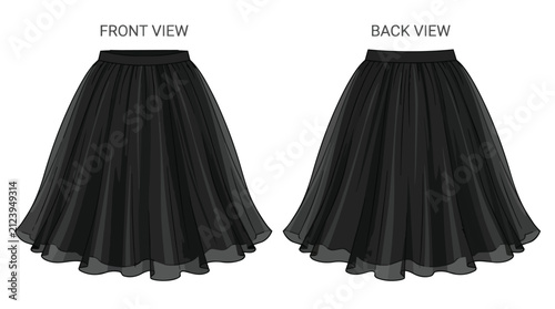 Black A-Line Chiffon Skirt Technical Drawing Template Front and Back View for Fashion Design and Clothing Mockup