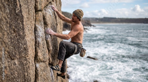 Man climbing on rocky seaside boulders during outdoor bouldering session