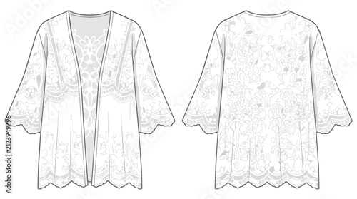 Technical Flat Sketch of Women's Lace Kimono Cardigan Shrug with Floral Embroidery and Scalloped Hemline