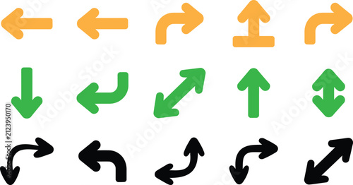 Fotografía Set of directional arrow icons orange green black curved straight and angled vector
