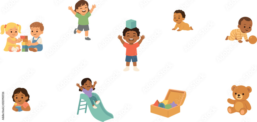Fototapeta premium Cute Happy Toddlers and Babies Playing in Daycare Center Vector Character Set with Toys, Slides, and Building Blocks