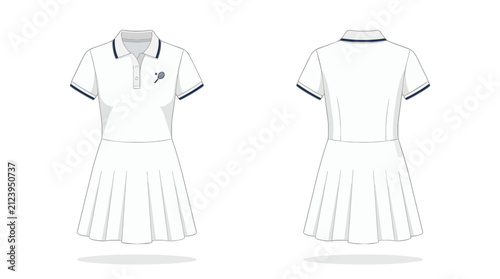 White Women Tennis Dress Mockup Template with Pleated Skirt and Collar Details Front and Back View for Sportswear Design