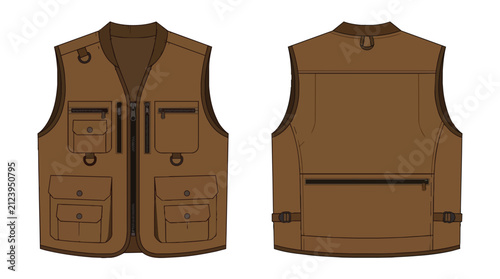 Professional Brown Utility Cargo Vest Template with Multi Pockets Front and Back View for Outdoor Adventure Gear