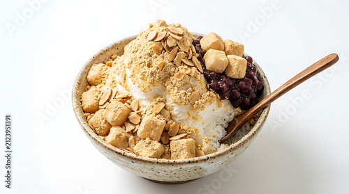 Healthy Korean multi-grain Misutgaru Bingsu with rice cakes and almonds on a white background