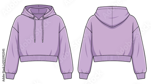 Lavender Purple Women Cropped Hoodie Technical Sketch Front and Back View Mockup Template for Fashion Design