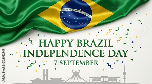 Happy brazil independence day 7 september greeting card with waving flag and famous landmarks silhouette isolated on white background