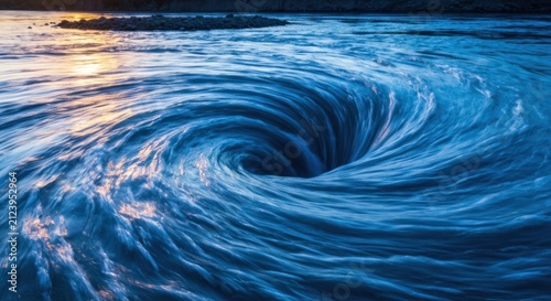 Aerial view of a strong, spiraling whirlpool, creating a vortex in deep blue water