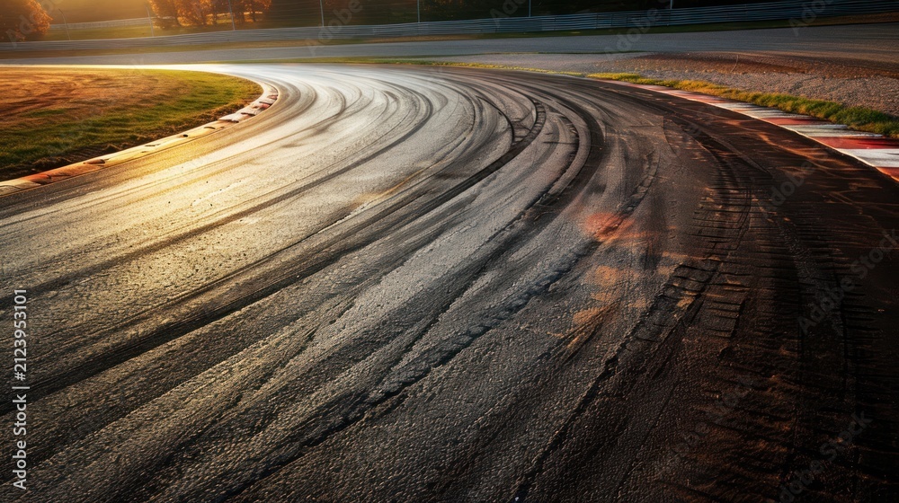 Fototapeta premium Racing track curve with tire tracks at sunset