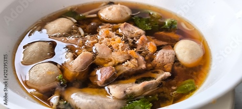 Photography Beef noodle soup with meatballs for lunch.
