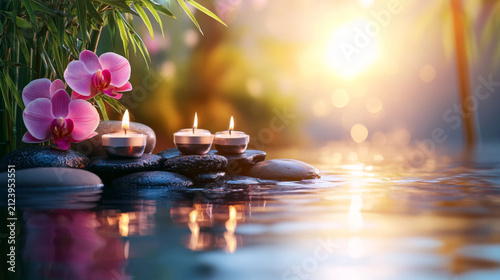  Spa Candles and Orchids by Tranquil Waterfall