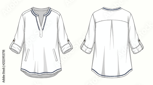 Technical Flat Sketch of a Women's Split Neck Tunic Blouse with Roll-up Sleeves and Pockets Front and Back View