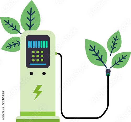 Electric vehicle charging station with green leaves flat vector illustration for eco friendly power and renewable energy concept