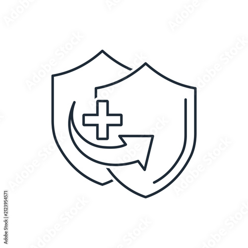 Double shields with a plus sign symbol and an arrow. Additional protection, security reinforcement, and reliable defense.Vector linear icon illustration isolated on white background.