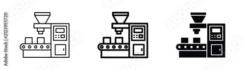 Flat vector illustration of an automated industrial packaging machine featuring conveyor belt, box sealing, cartooning, and wrapping systems for logistics and factory manufacturing.