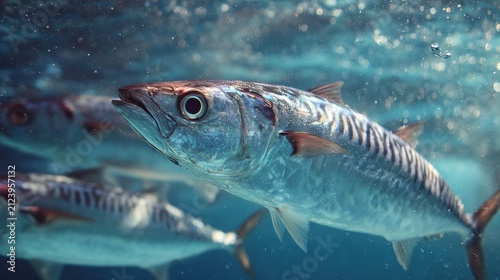 Photorealistic CGI mackerel fish swimming underwater in blue ocean