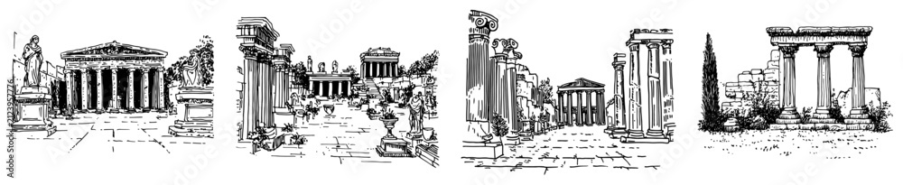 Fototapeta premium Classical temple architecture with monumental columns and courtyards in detailed line art style