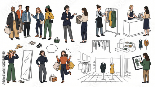 Sketchy Fashion Retail Portrait Silhouette Collection with Shoppers, Stylists, Boutique Staff, Apparel Shopping Activities and Retail Lifestyle Vector Isolated on White