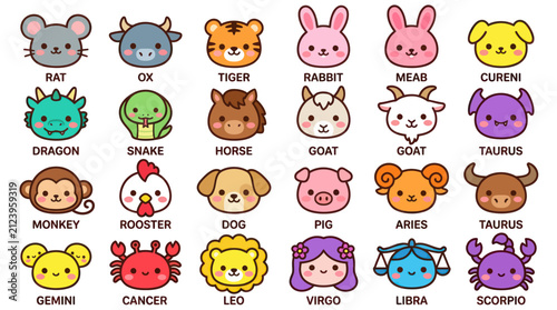 Canvas Print Cute animal zodiac signs collection