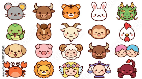 Sticker Cute animal zodiac signs collection