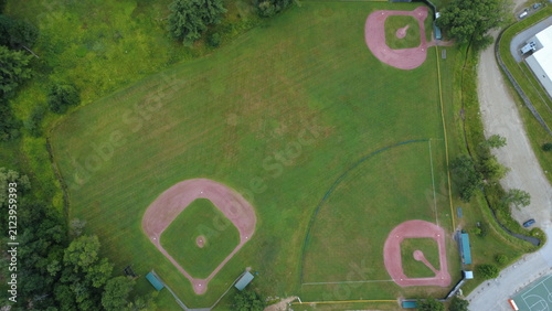 Aerial drone shot looking down at baseball diamonds 