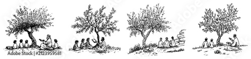 Ancient philosopher teaching students under olive trees in traditional engraving style