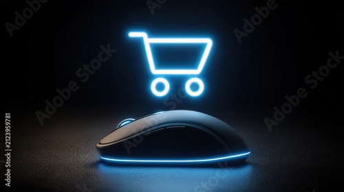 Digital Shopping Cart Icon Hovering Above Mouse.