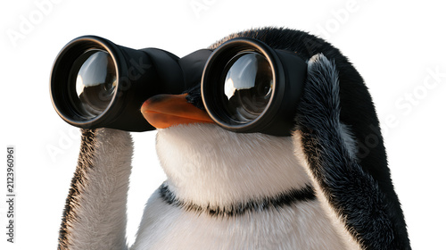 Cute penguin looking through binoculars isolated on white background