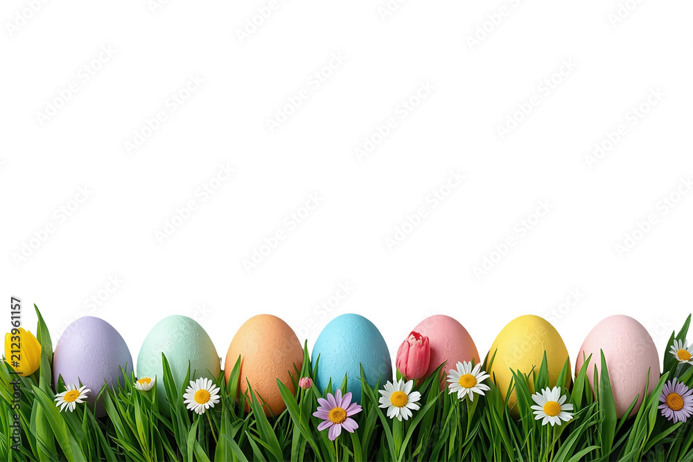 Fototapeta premium Bright decorative egg and wildflower grass border isolated on transparent background