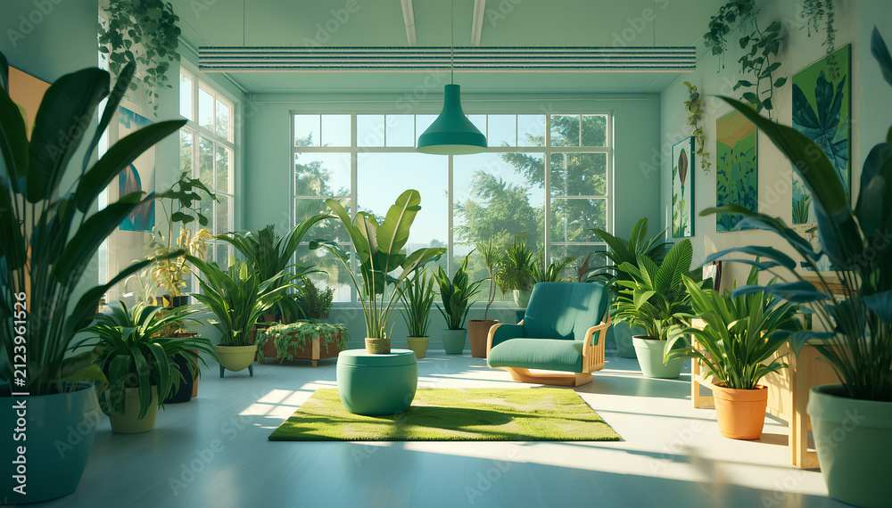 Fototapeta premium Bright green sunroom lounge with teal armchair and tropical indoor plants