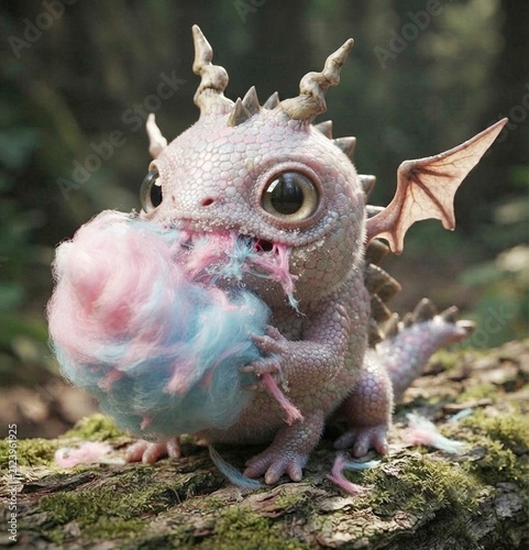 The little dragon is happily eating cotton candy