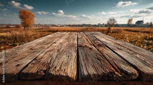 Rustic Wooden Bridge in Open Field Under Cloudy Sky.