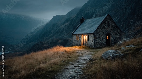 Serene Mountain Cabin at Night Surrounded by Nature.