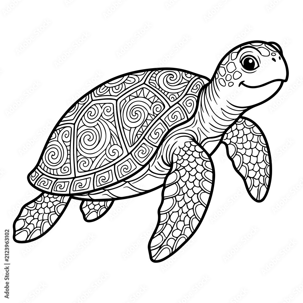 Fototapeta premium Friendly sea turtle with decorative shell patterns, black and white line for coloring book page ocean