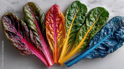 Vibrant Colorful Swiss Chard Leaves Displayed Flat.